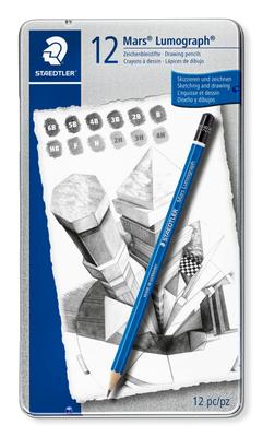 Staedtler Mars Lumograph Pencils, 12 Hardness Set (6B, 5B, 4B, 3B, 2B, B, HB, F, H, 2H, 3H, 4H), for Writing and Drawing, 100 G12