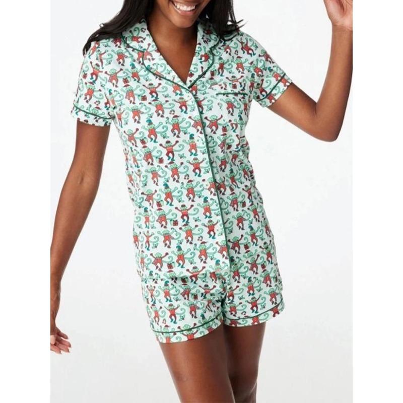 Women Pajama Set 2 Piece Set Monkey Cartoon Print Short Sleeve Button Closure T-Shirt + Shorts Home Sleepwear Matching Outfits