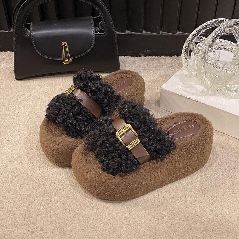 Fashion thick-soled fluffy slippers for women's outerwear 2025 autumn and winter new cotton-added thickened one-pedal casual slippers