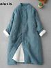 Women's Linen Blend Jacket Autumn Winter Vintage Stand Collar Button-Down Long Coat Comfortable Warm Wool Coat