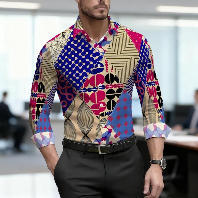 Men's Shirt, Ethnic Style Diamond Shaped Geometric Printed Long Sleeved Shirt, Business Casual Spring and Autumn Collar Shirt