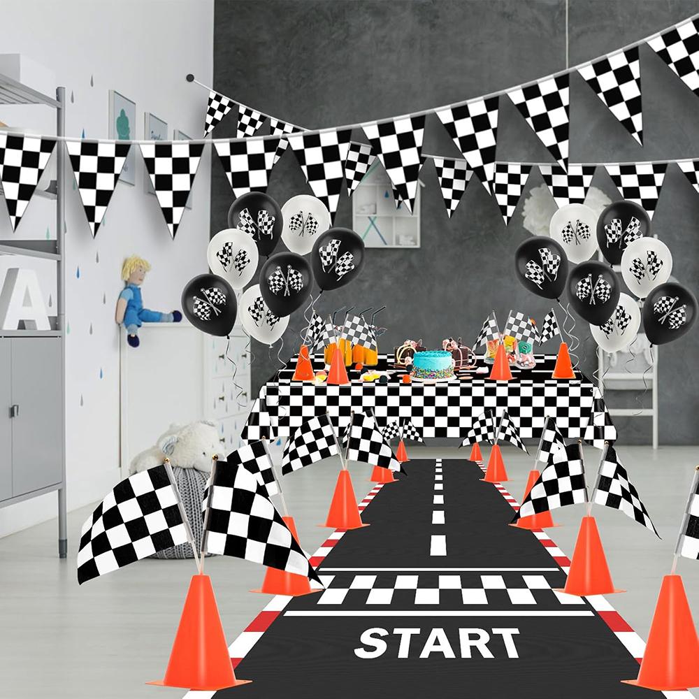 Rennwagen Party Dekorationen Karomuster Rennstrecke Banner Tischdecke Fahnen Banner Ballons für Kinder Renn-Geburtstagsparty Zubehör