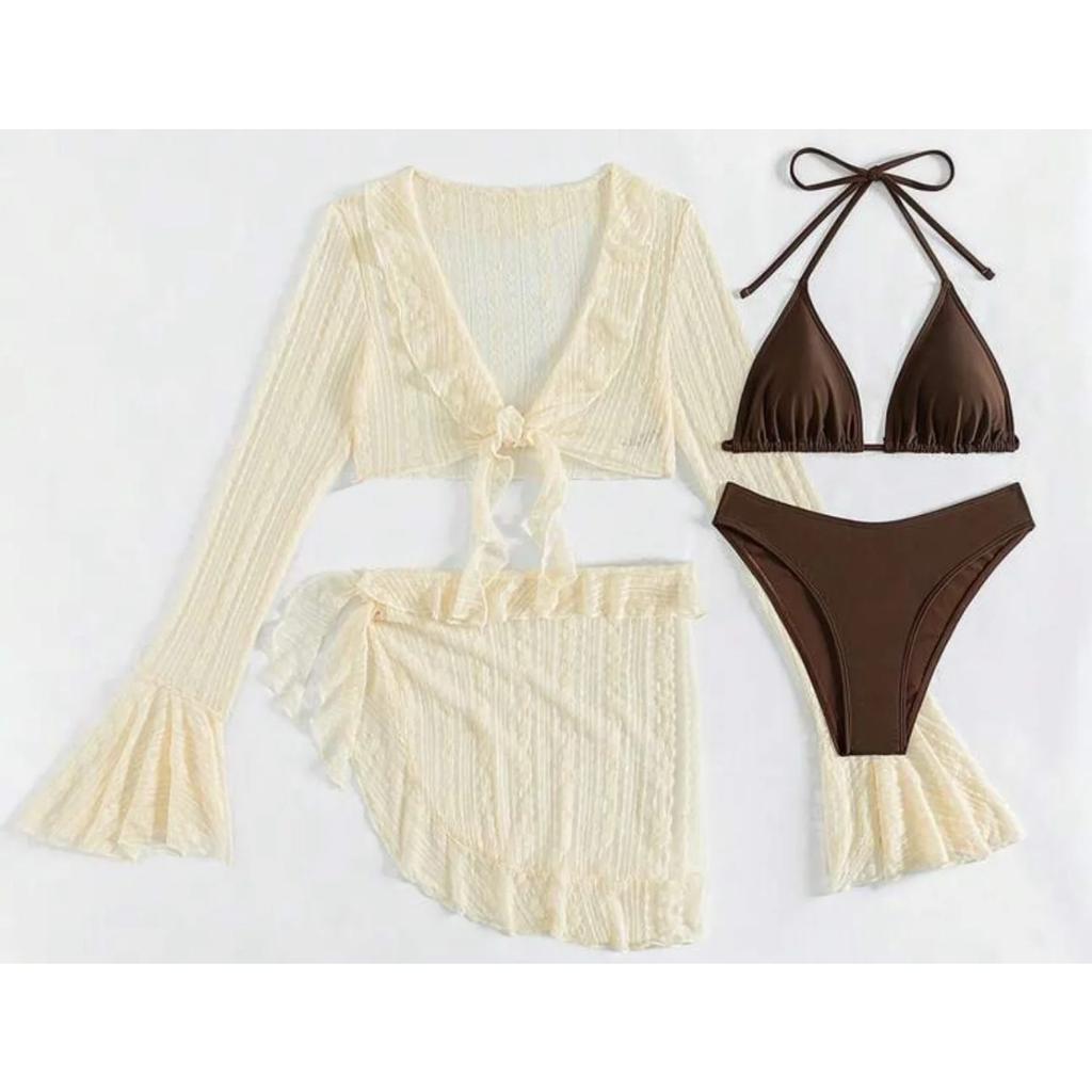 Women Solid Micro Mini String Bikini Sets 4 Pieces with Mesh Cover Tops and Skirt Swimsuit Bathing Suit Beach Outfits Biquini