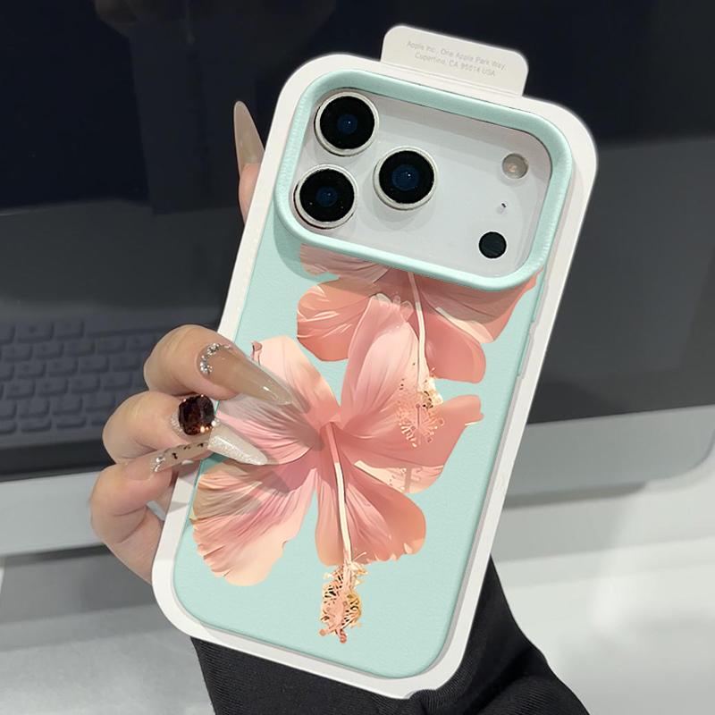 Pouzdro Pro iPhone 17 Pro Max Růžový vzor ibišku Kožená textura Silikonový kryt Pro iPhone 16 Pro Max 15 14 13 12 11 Air 16E