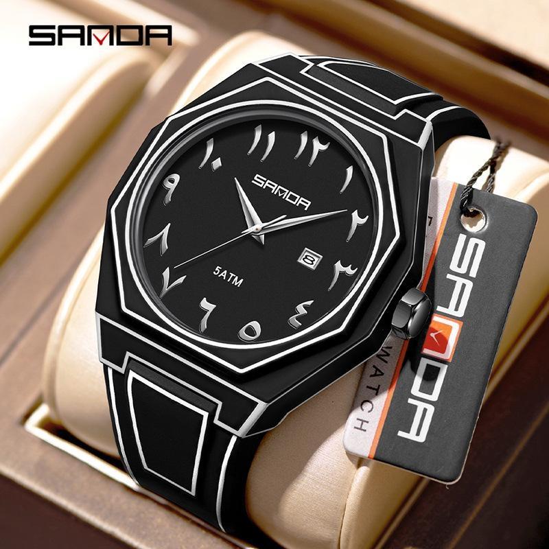 SANDA Fashionable Men's Quartz Watch Waterproof Silicone Strap Unique Scale Calendar Creative Lines Student Watches