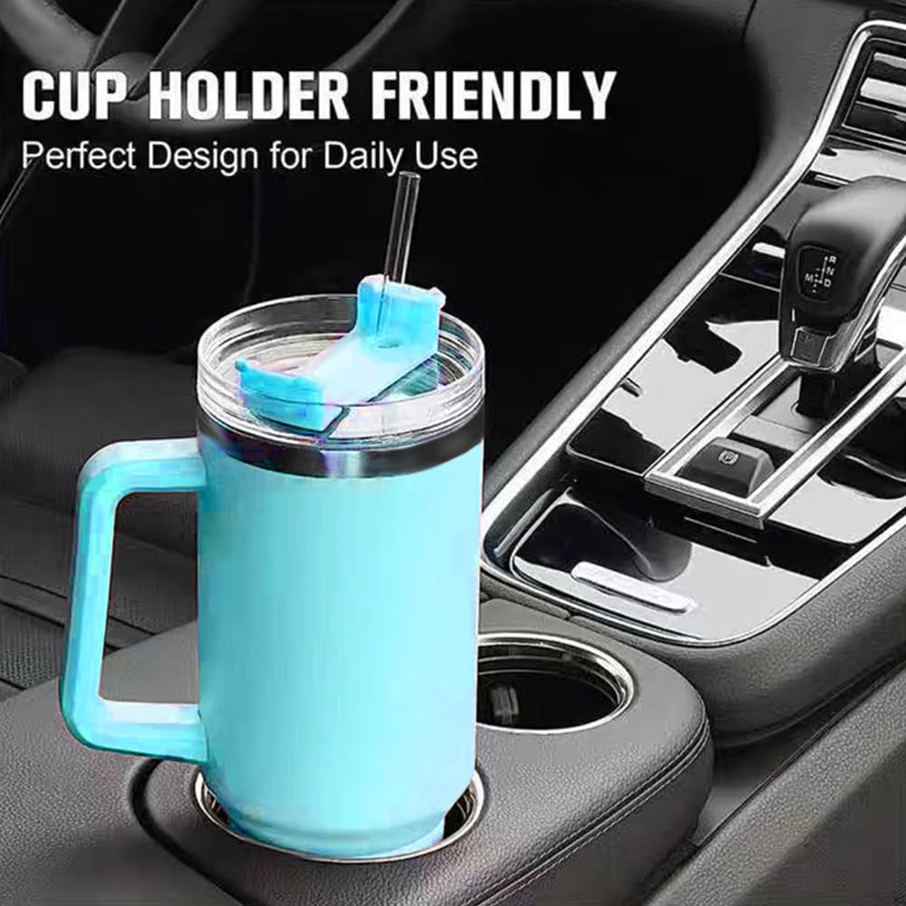 40oz Insulated Stainless Steel Coffee Mug with Handle, Reusable Straw Lid, Ideal for Cold Drinks, Travel, Gym, Car (light Blue)