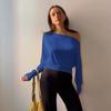 European and American women's clothing autumn ins new fashion solid color slanted shoulder long-sleeved pleated navel top T-shirt women