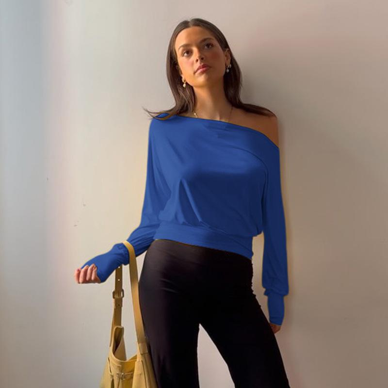 European and American women's clothing autumn ins new fashion solid color slanted shoulder long-sleeved pleated navel top T-shirt women