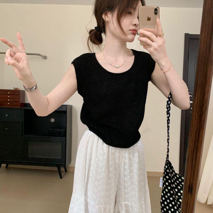 Women's High-End Ice Silk Blue Knit U-Neck Short-Sleeve T-Shirt - Summer 2025 Collection