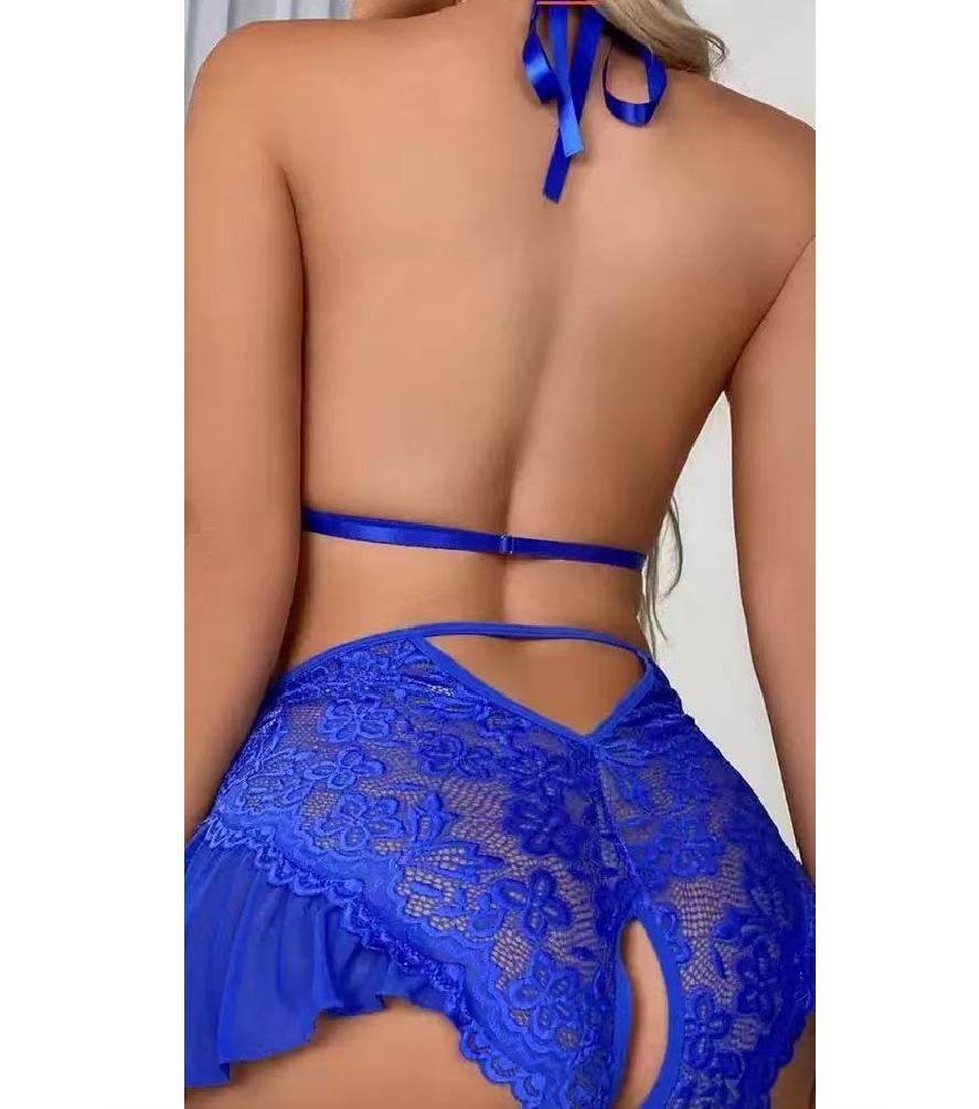 Sexy Crotchless Underwear Women Lace Hollow Bra Set Erotic Costume Teddy Baby Doll Dress Deep V Open Bra Porn Lingerie Set