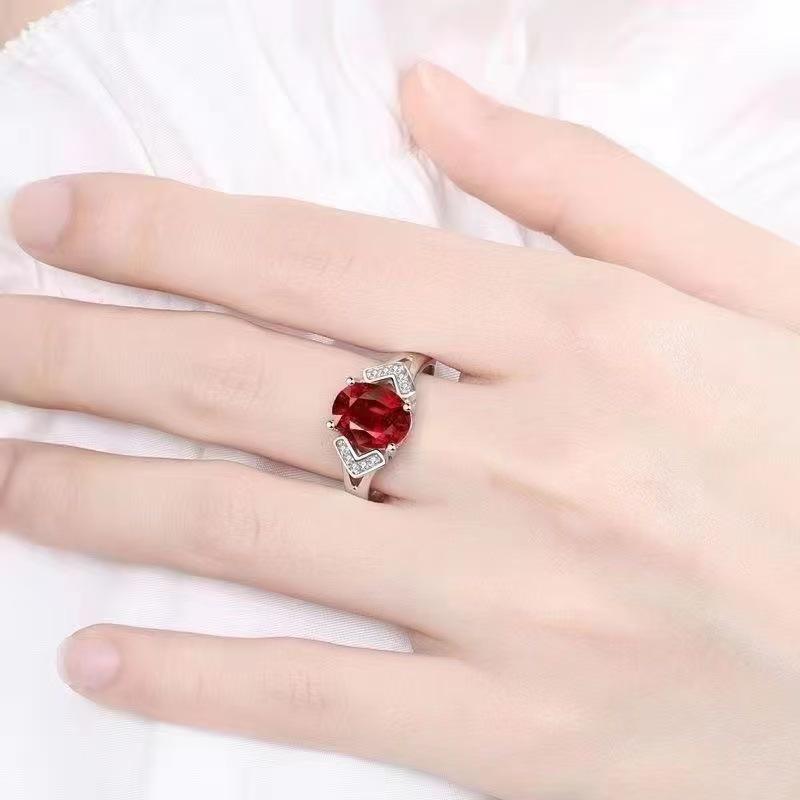 Elegant Adjustable Red Stone Silver Ring for Women