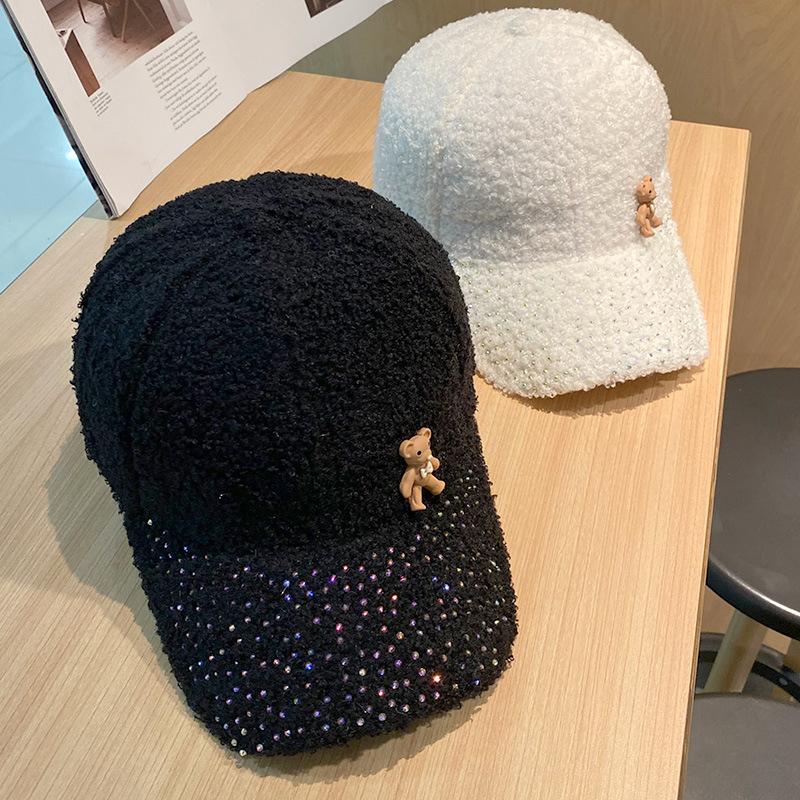 Korean Autumn and Winter Fashion Diamond Brim Plush Baseball Hat Korean Style Cute Little Bear Warm Baseball Cap Trendy