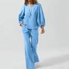 Women's Casual Long Sleeve Cotton Linen V-neck Straight Pants Two-piece Set