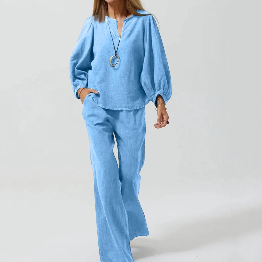 Women's Casual Long Sleeve Cotton Linen V-neck Straight Pants Two-piece Set