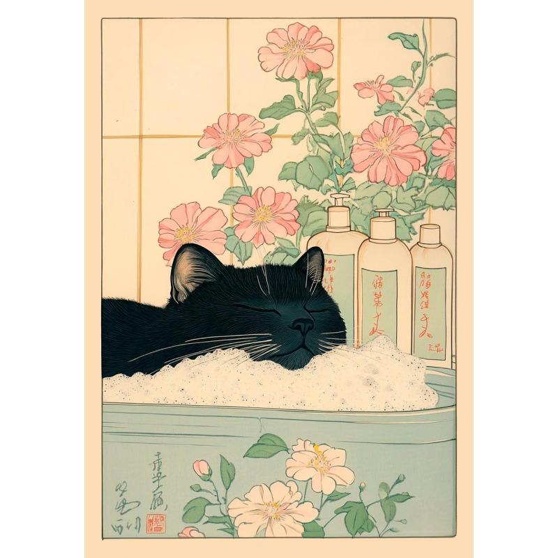 Gatto Tigrato Giapponese nella Vasca da Bagno Stampe Poster Pittura su Tela Estetica Retrò Arte da Parete Immagine Japandi Bagno Toilette Decorazione Casa