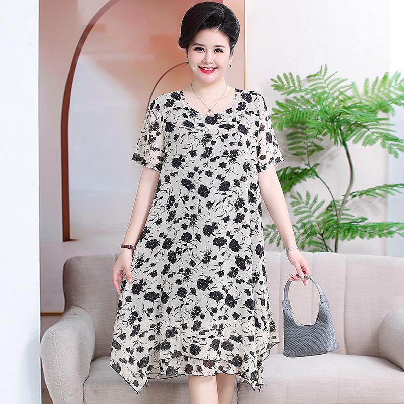 

Летнее ретро цветочное шифоновое платье 2024 - Приталенное, Миди, Юбка с коротким рукавом 4XL (recommended for 148-168 jin) белый