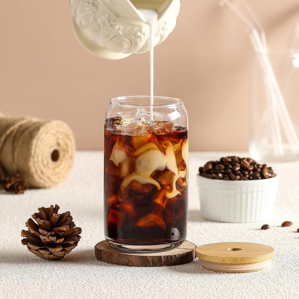 1pc Drinking Glasses with Bamboo Lids and Glass Straw 16 oz Iced Coffee Glasses Cute Tumbler Cup for Smoothie, Boba Tea, Whiskey