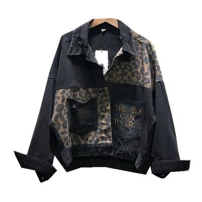 Personalized Leopard Pattern Distressed Hole Embroidery Korean Version of The Long-sleeved Denim Jacket Women Plus Size
