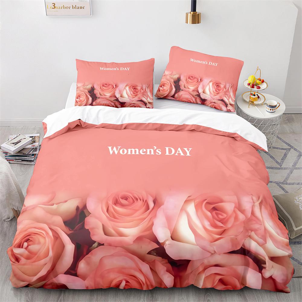 Rote Rose Königin König Bettbezug 3D Schönes Blumen-Thema Bettwäsche-Set Für Frauen Mädchen Romantische Florale Bettdecke Kissenbezug