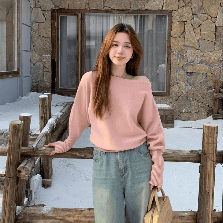 

Женский 2024 Осенний Элегантный Повседневный Вязаный Свитер на Одно Плечо Small