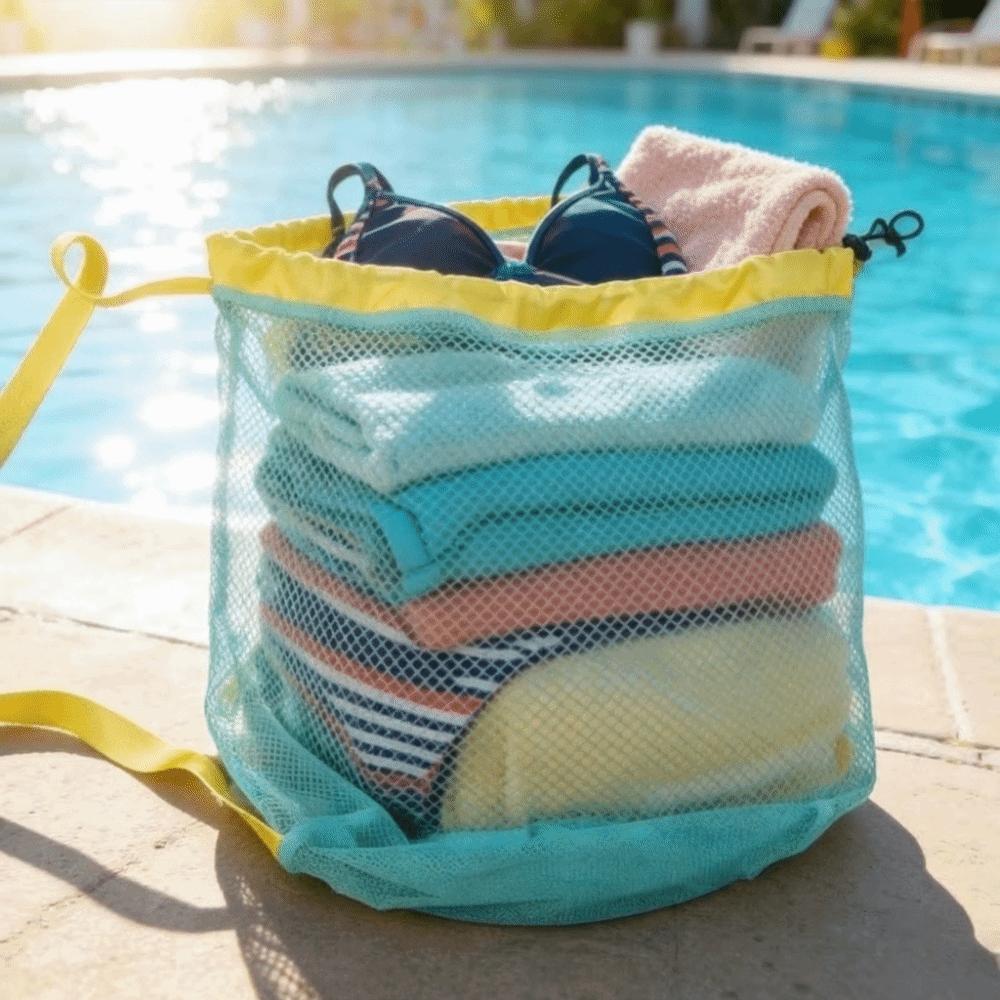 Portable Drawstring Beach Bag Large Capacity Swim Toy Storage Bag Mesh Beach Bag Beach Activities