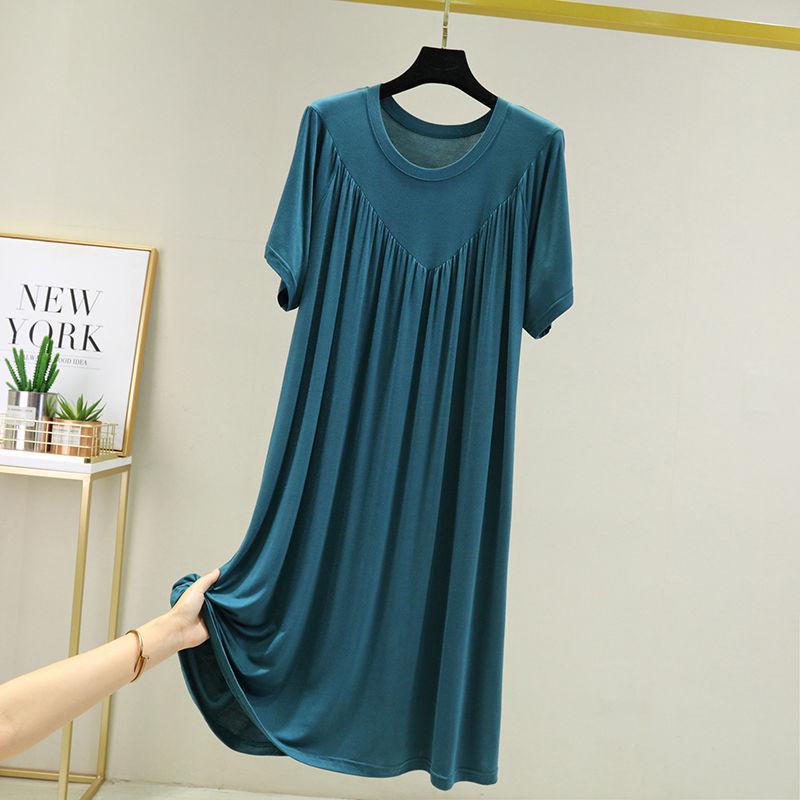 2023 Women's Summer Plus Size Round Neck Cake Dress - Solid Color, Loose Fit, Short Sleeve, Long Length