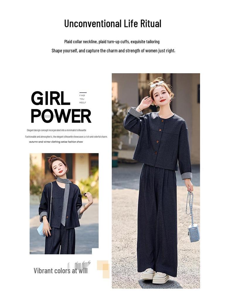 Spring 2025 Women's Fashion: Patchwork Jacket & Trousers Two-Piece Set with Tie