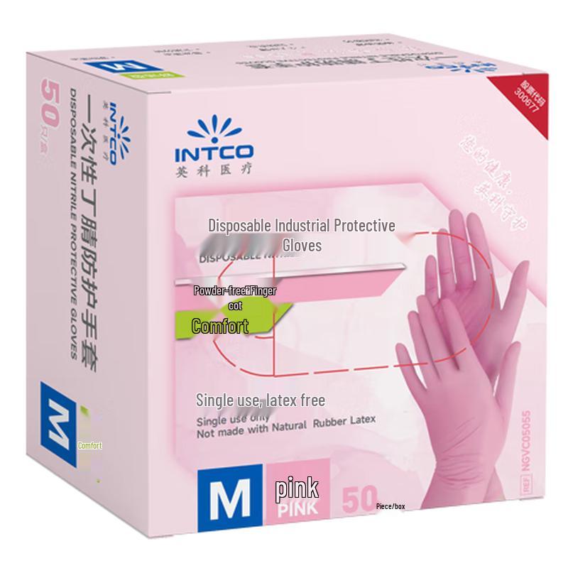 Intco Medical Disposable Pink Nitrile Protective Gloves L