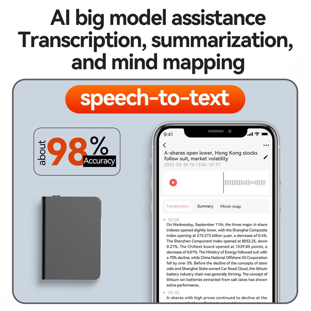 AI Voice Recorder 64GB Audio Recorder App Control Intelligent STT Engine Real Time Transcribe and Translate Summarize