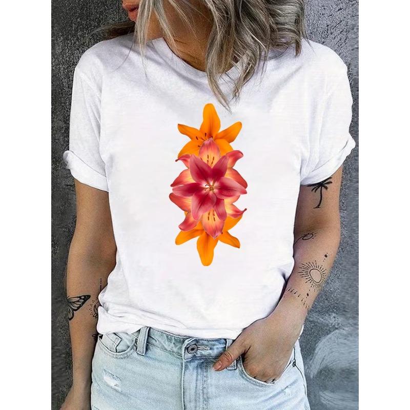 

Women Floral Print T-Shirt Round Neck Short Sleeve Spring Summer Casual Locally Shipped Top 4XL білий