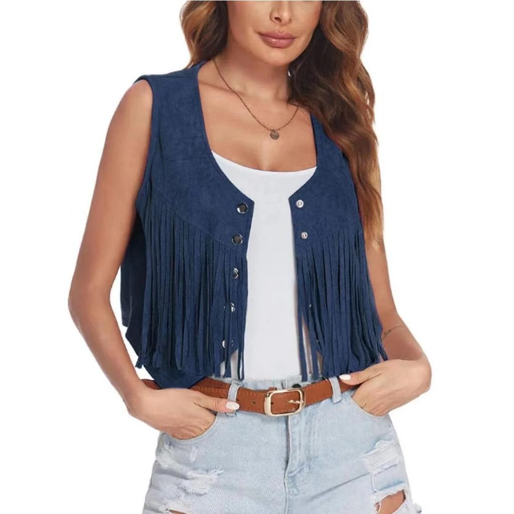 Women's Vest Faux Suede Ethnic Sleeveless for Jacket Rivet Fringe Tassels Hippie Open Front Cardigan Vintage Cowgirl Waistcoat