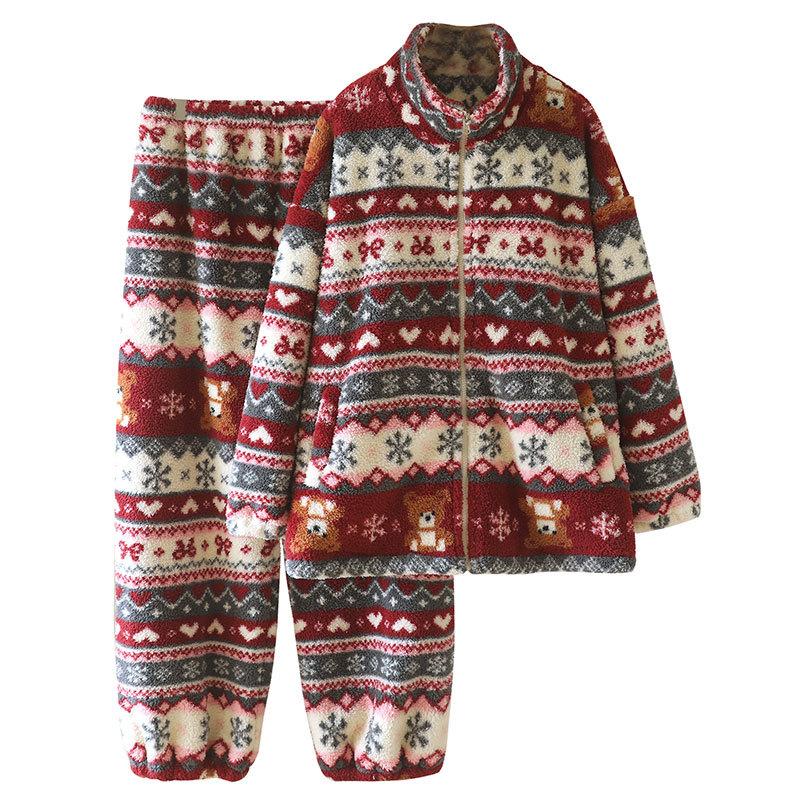 Winter Thickened Women's Flannel Warm Muffin Velvet Women's Loose Large Size Loungewear Pajamas Set Can Be Worn Outside