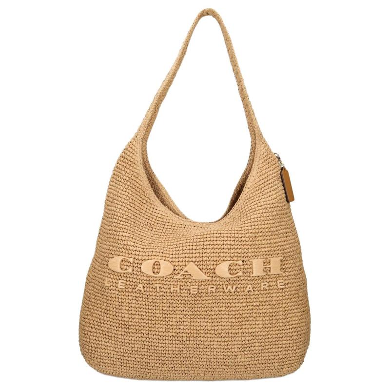 

COACH Brooklyn 39 woven design letter print straw shoulder bag large size women s beige бежевий