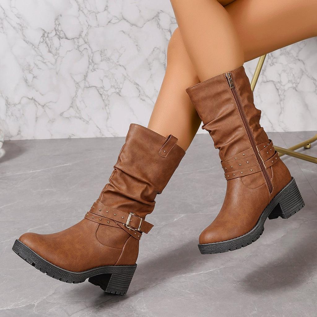 Fashion Big Size Low Heels Platform Long Boots Autumn Winter Comfortable Shoes Women Warm Booties Vintage Brown Women Knee High Boots