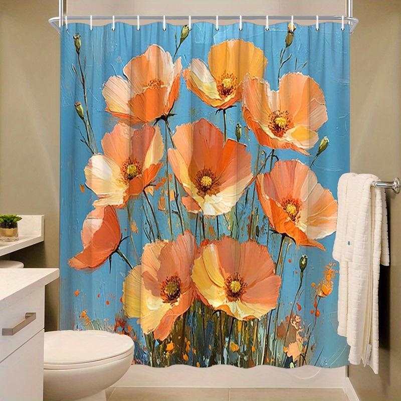 1pc Vibrant Orange Poppies Shower Curtain - Full Bloom, Bright Blue Sky, Polyester, 70.8x70.8In, 12 Hooks, Washable