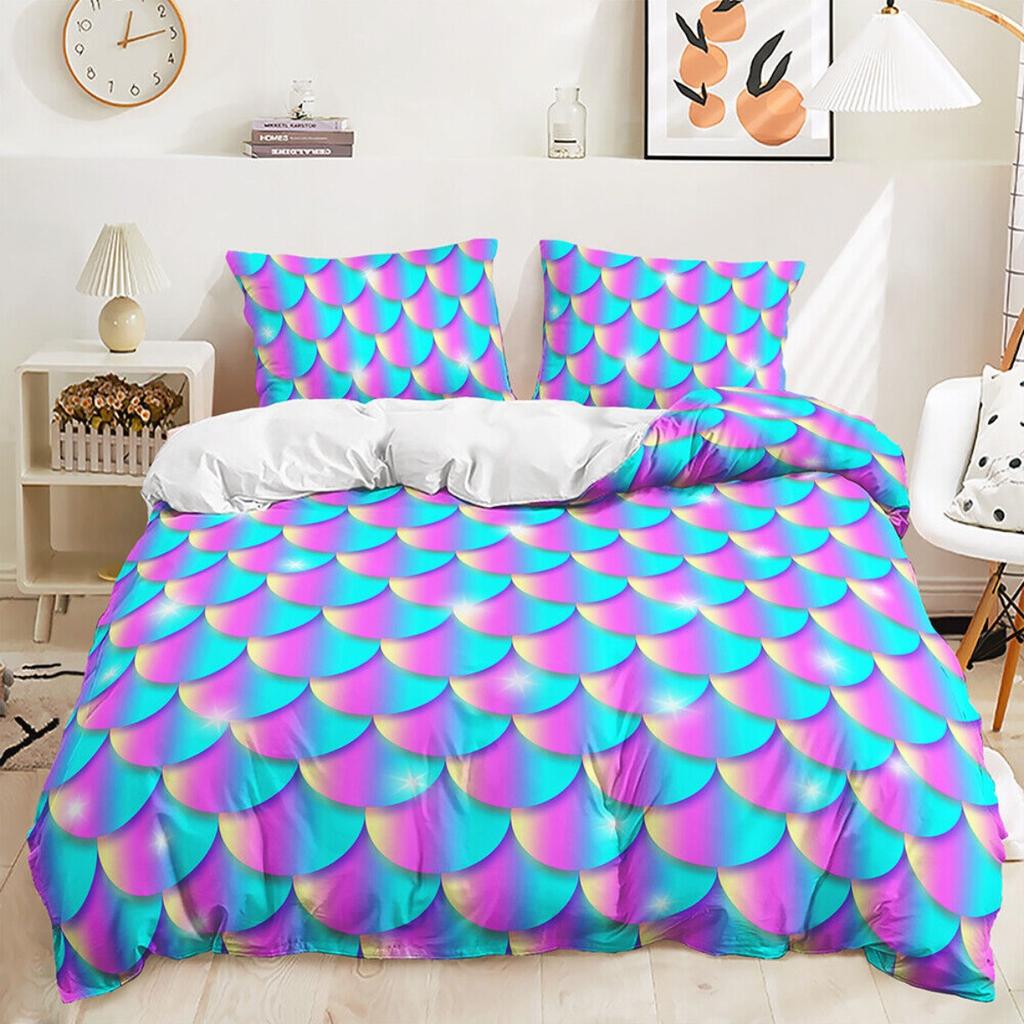 Ombre Gradient Colorful Fish Scales Mermaid Kids Duvet Doona Quilt Cover Bed Set