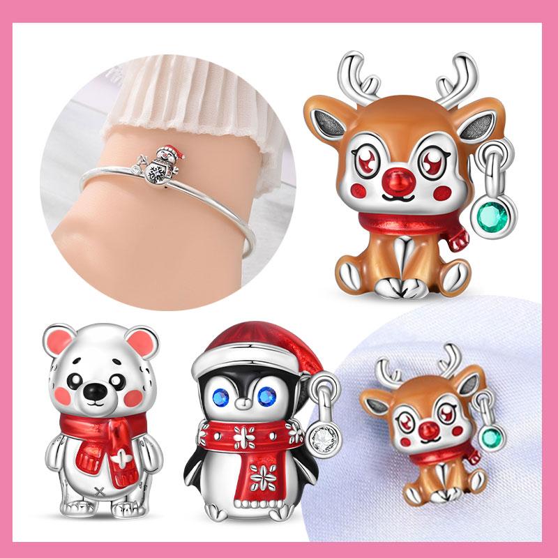 Copper Charmswinter Warm Bear, Penguin, Elk, Snowman Beads Pendant Fit Original Bracelet Diy Jewelry For Women