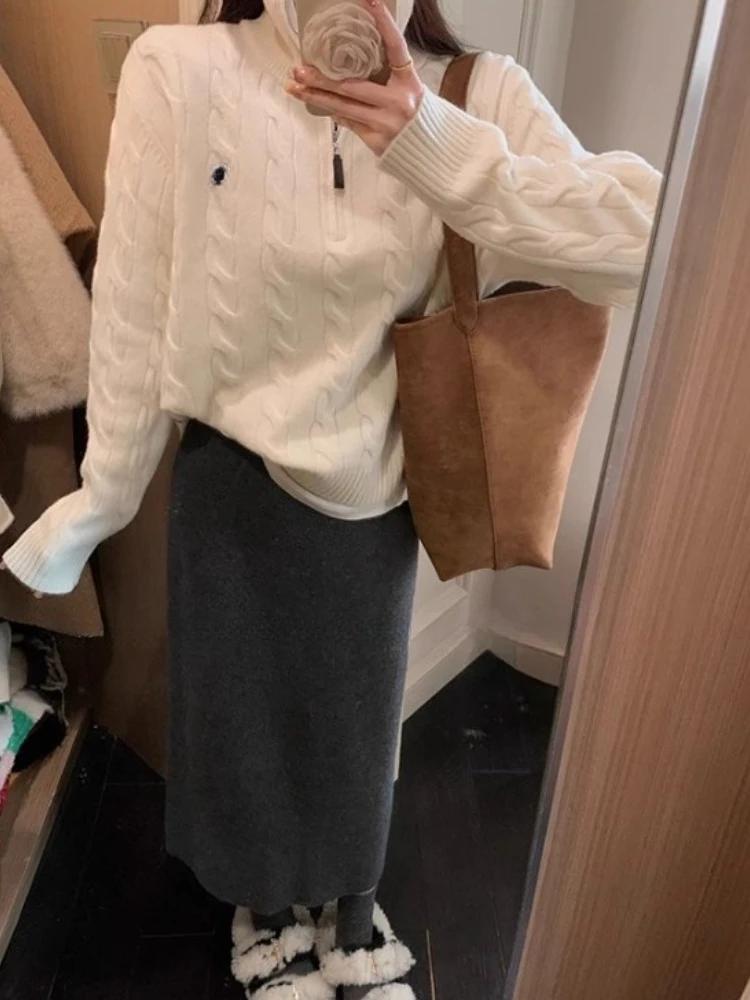 Pulovere tricotate vintage Y2k, toamnă iarnă, pentru femei, stil coreean, ocazional, cu fermoar, pulover solid, îmbrăcăminte șic pentru femei