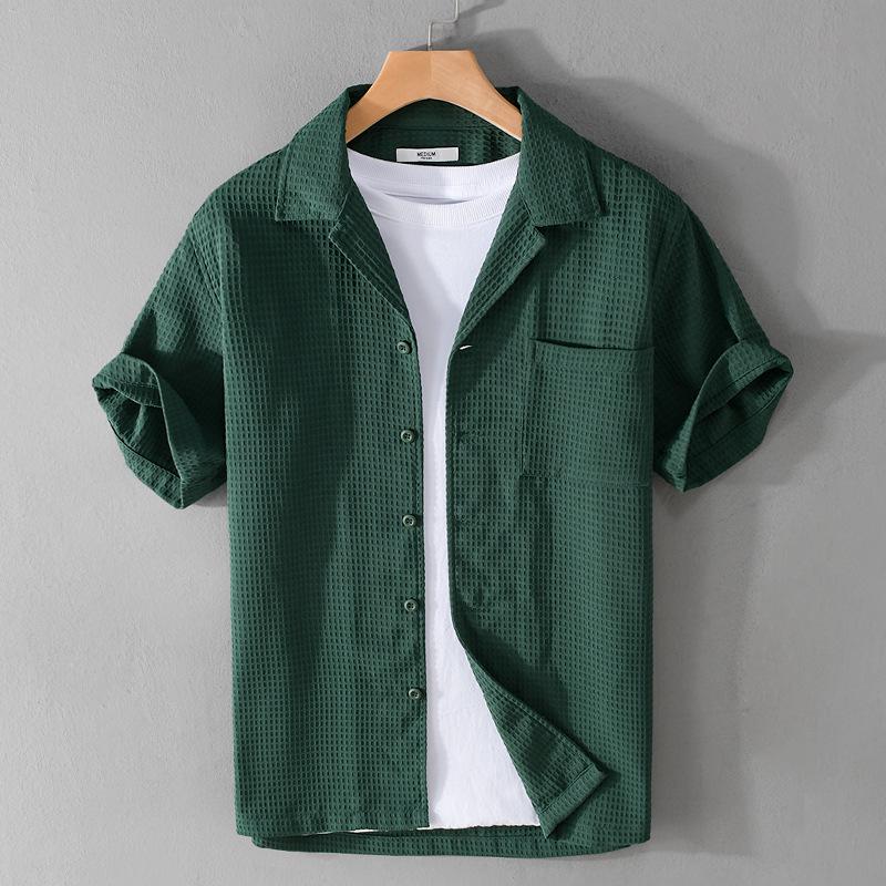 Men's Summer Waffle Short Sleeve Cuban Collar Shirt - Trendy, Comfortable, Versatile