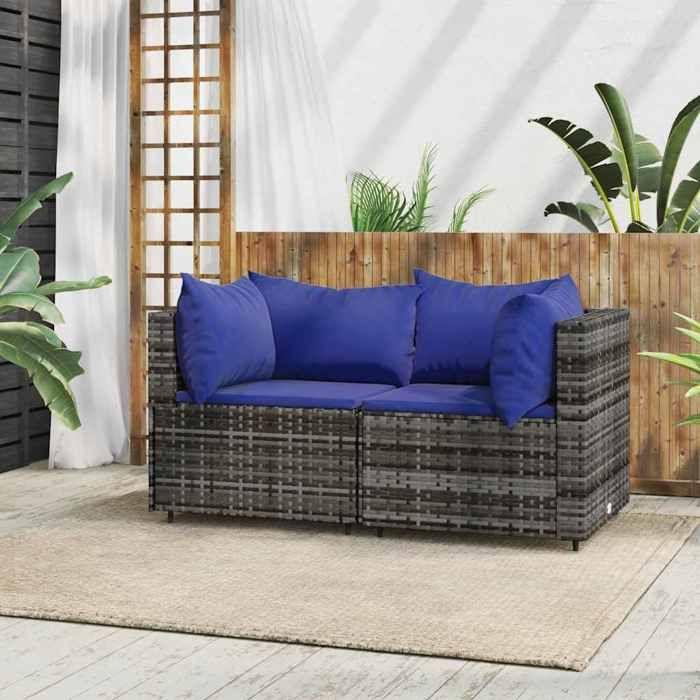 VidaXL Canapés d'angle de jardin et coussins 2 pcs gris résine tressée, canapé, canapé de jardin, canapé d'angle sectionnel, 319842