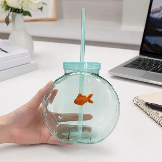 Fish Bowl Bottle with Straw, Plastic Fishbowl Tumblers with Lids, Unbreakable Ornament Cups for Drinks Summer Drink, Fashioned Table Goldfish Bowl