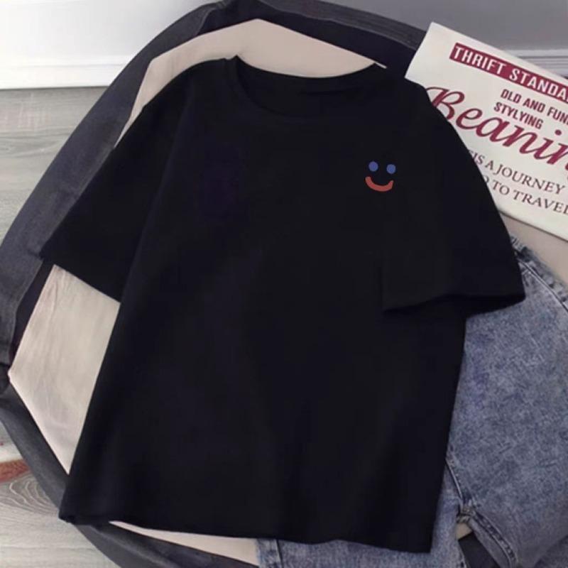 Smiling Face Print White T-shirt Summer 2025 New 100% Cotton Short Sleeve Tee Loose Casual Y2k Top Clothing