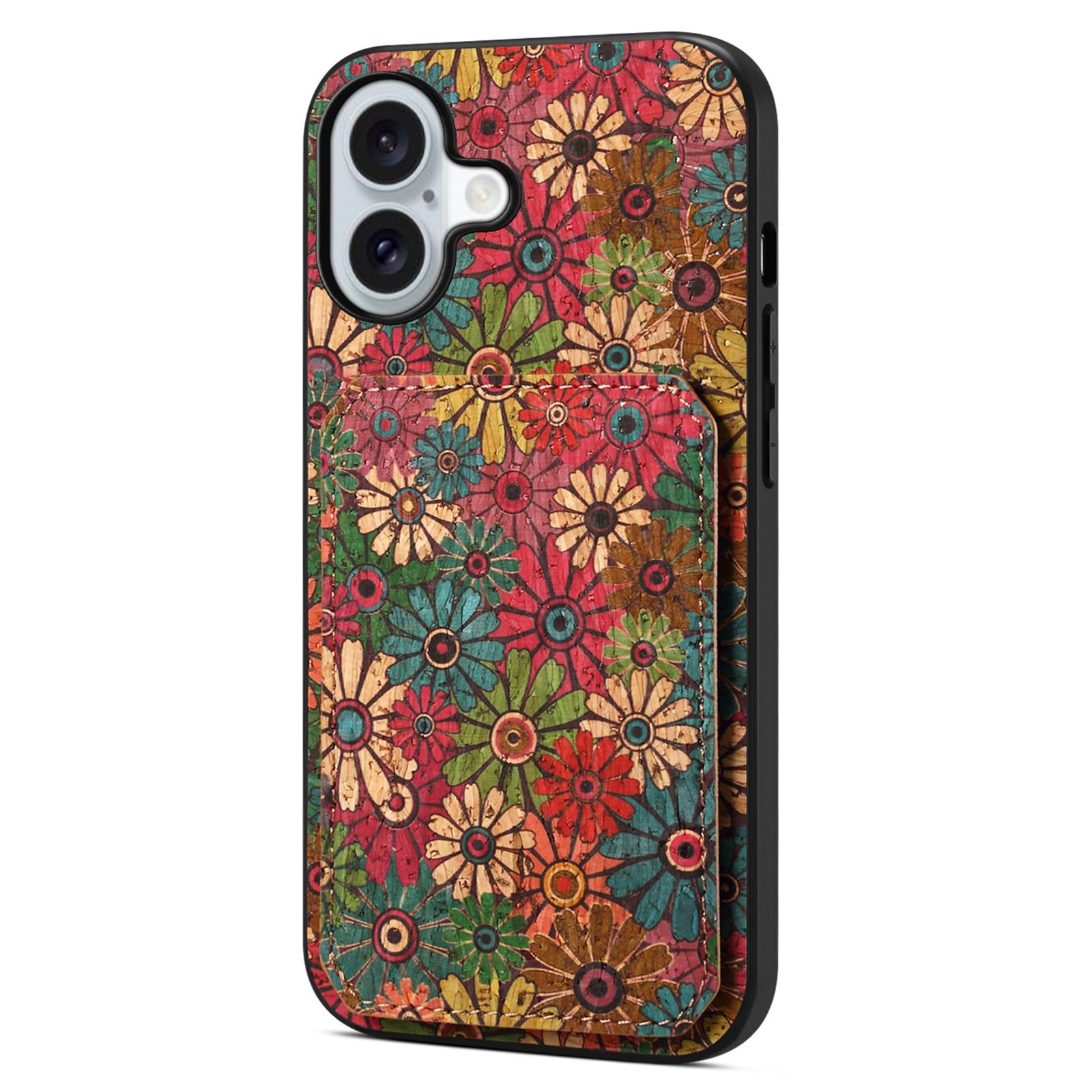 

For iPhone 16 Case with Card Holder Flowers Design Leather Phone Cover Kickstand