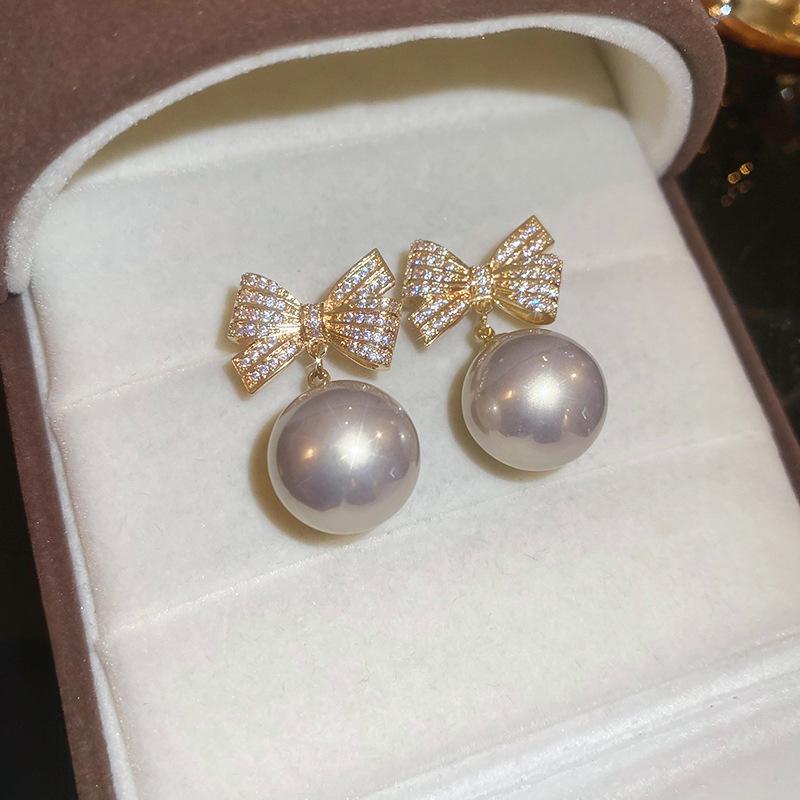 Zircon Bow Pearl Stud Earrings Exquisite Elegance Earrings Earrings