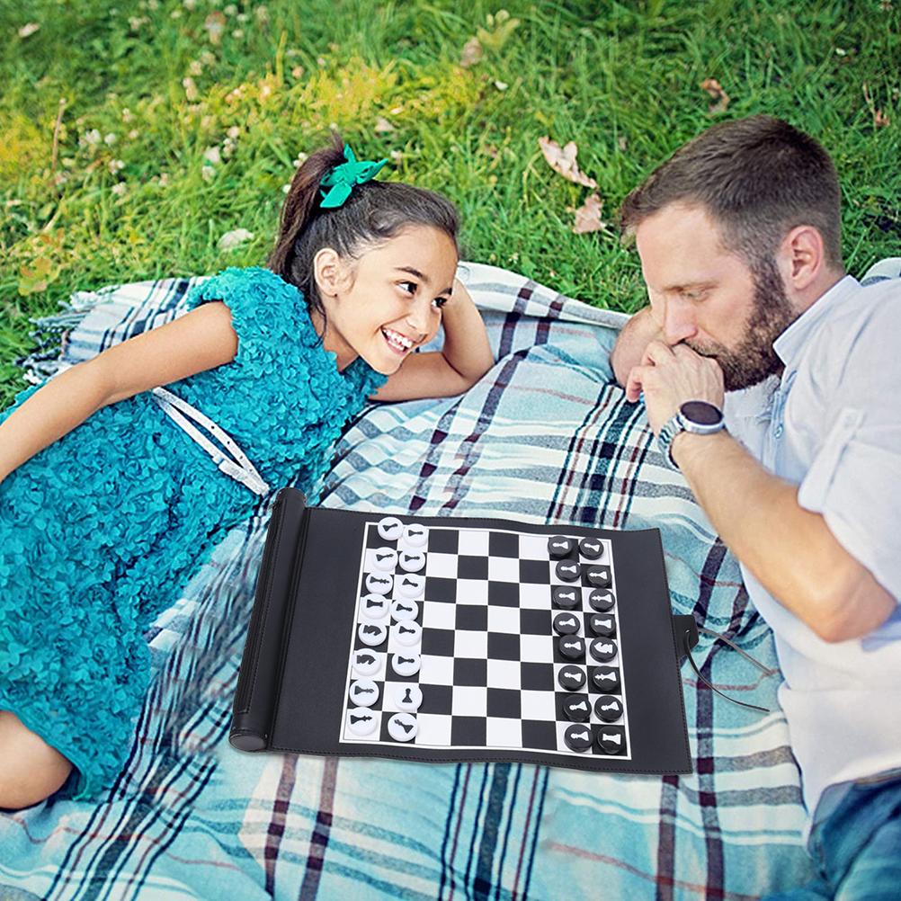 Chess Set Portable Travel Board Games PU Leather Roll Up Chess Game Set for Kids Adults