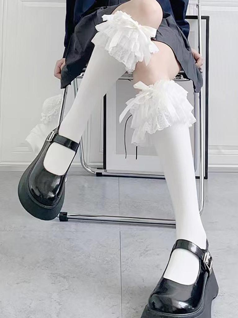 Lolita Oversized Lace Bow Mid Tube Socks Summer Sweet Lo Calf Socks Cotton Socks Lolita