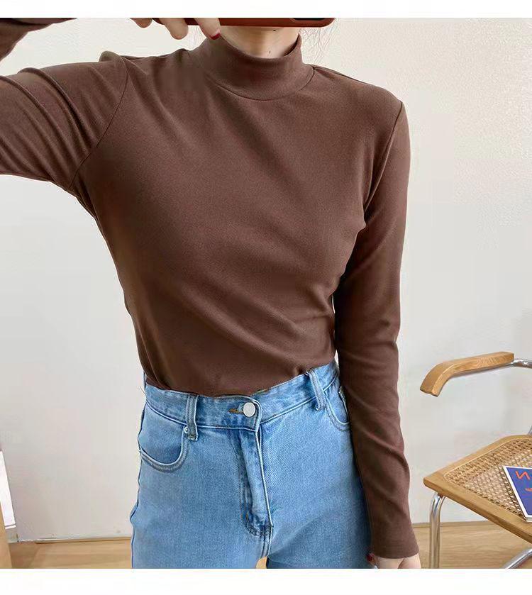 Damski aksamitny top termiczny z półgolfem - dwustronnie szczotkowany kationowy, półgolf, z pluszem na jesień/zimę