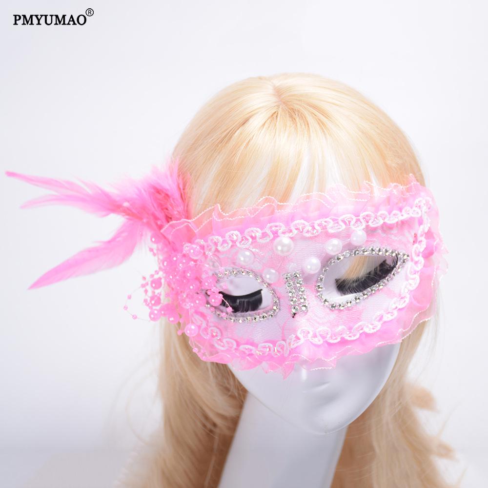 Princess Half-Face Lace Trim Mask with Side Feathers for Halloween Masquerade or Birthday Party