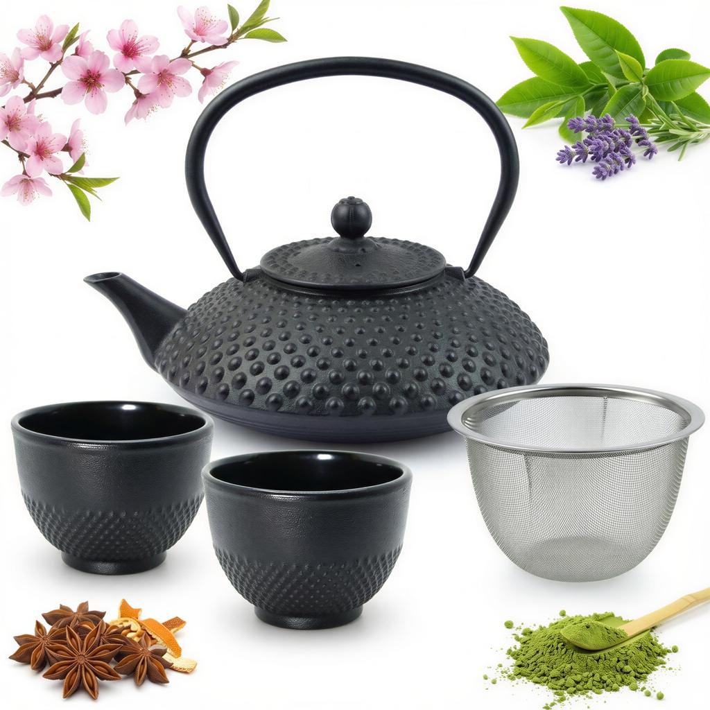 CAST IRON KETTLE 1.25L TEA TEAPERTAIN + 2x CUPS