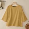 ZANZEA Women Casual Round Neck Solid Color 3/4 Sleeve Loose Blouse